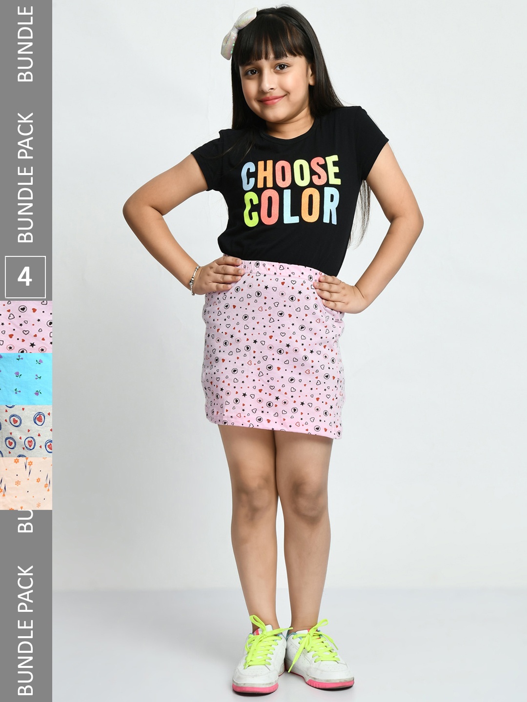 

IndiWeaves Girls Pack Of 4 Allover Printed Pure Cotton Mini Skirts, Pink