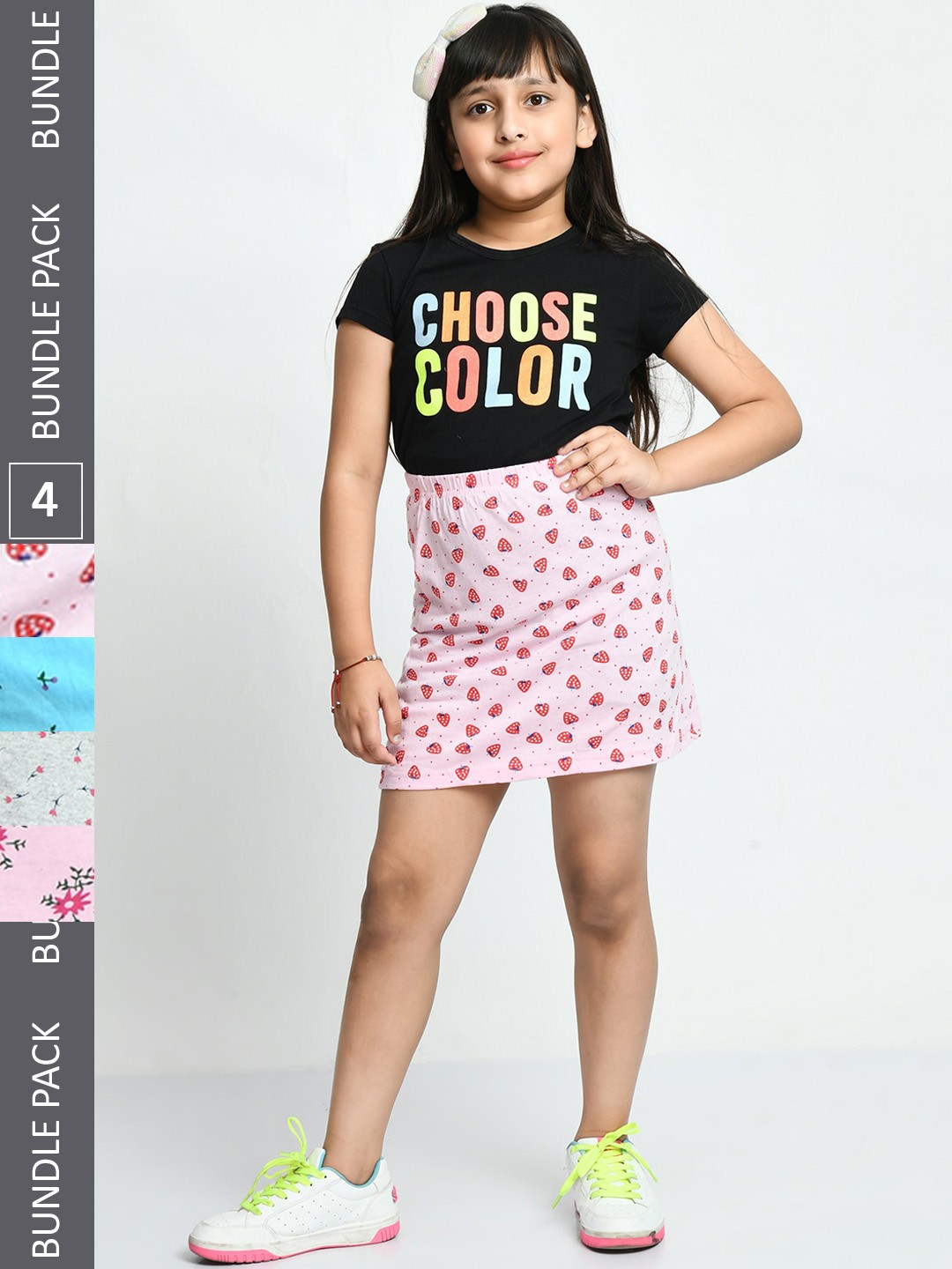 

IndiWeaves Girls Pack Of 4 Floral Printed Pure Cotton Skirts, Pink