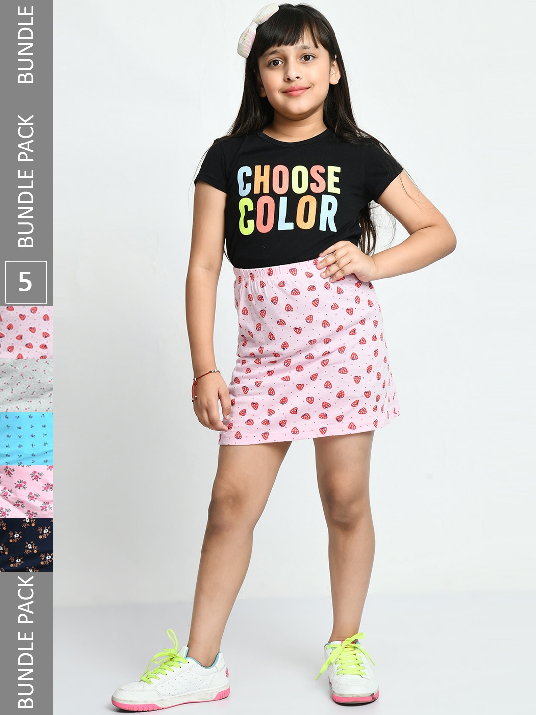 

IndiWeaves Girls Pack Of 5 Printed Pure Cotton Straight Skirts, Navy blue