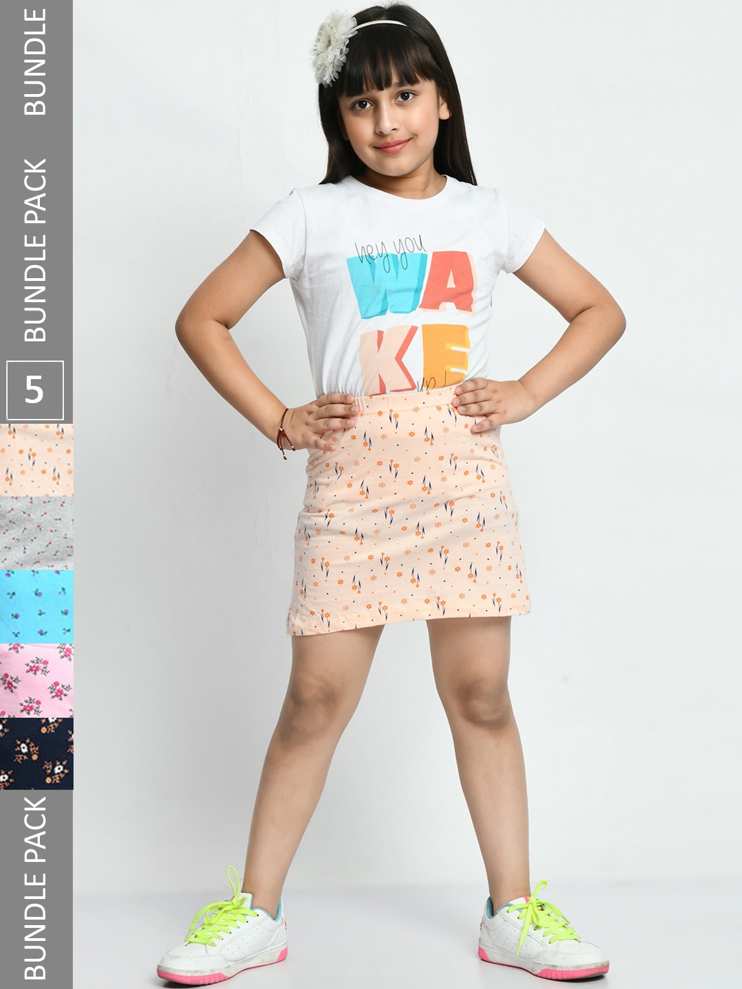 

IndiWeaves Girls Pack Of 5 Printed Pure Cotton Skirts, Grey