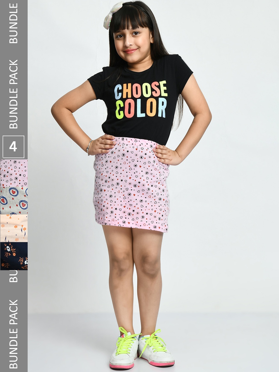

IndiWeaves Girls Pack Of 4 Allover Printed Pure Cotton Mini Skirts, Pink