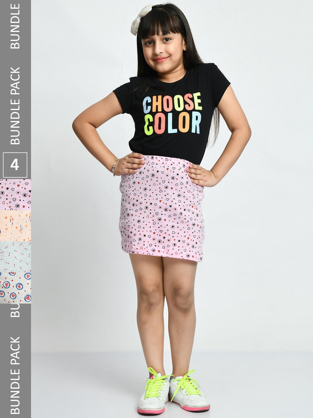 

IndiWeaves Girls Pack Of 4 Printed Pure Cotton Mini Straight Skirts, Grey