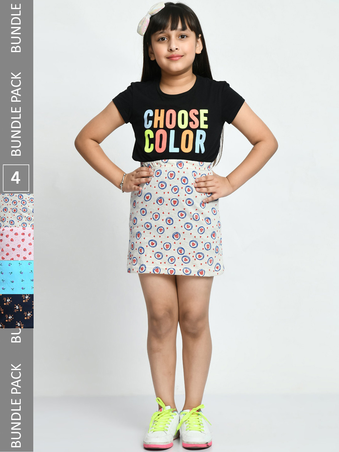 

IndiWeaves Girls Pack Of 4 Floral Printed Pure Cotton Mini Length Straight Skirts, White