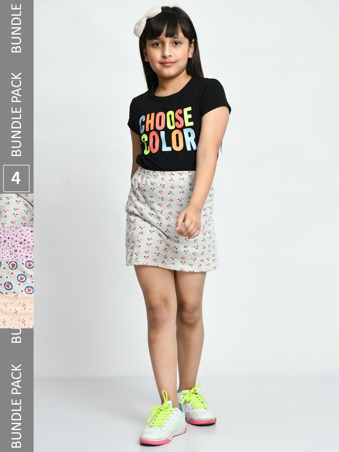 

IndiWeaves Girls Pack of 4 Allover Printed Pure Cotton Mini Skirts, Grey