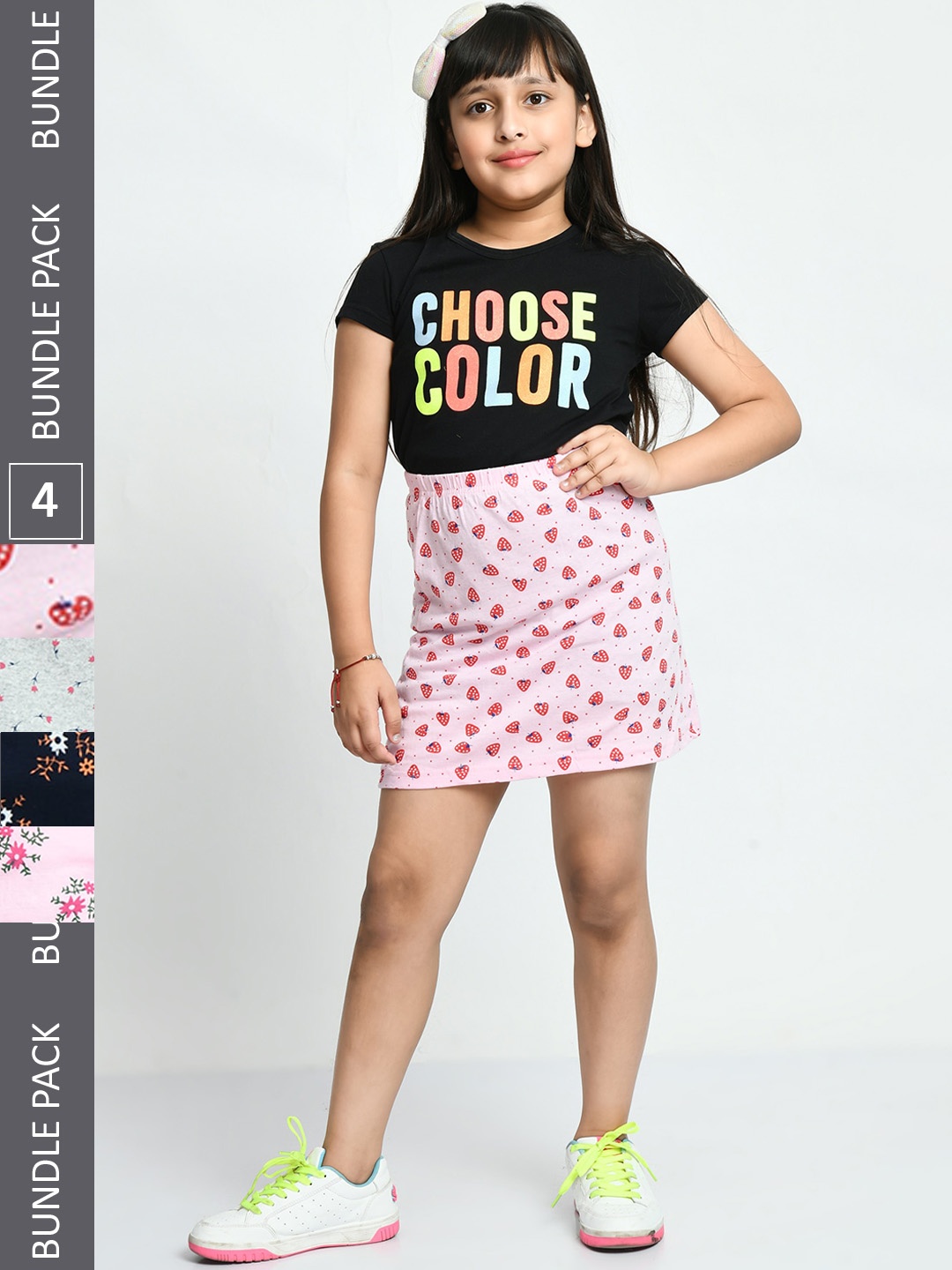 

IndiWeaves Girls Pack Of 4 Printed Pure Cotton Above Knee Length Straight Skirts, Pink
