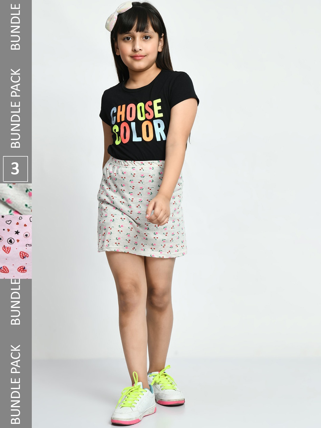 

IndiWeaves Girls Pack Of 3 Floral Printed Pure Cotton Straight Skirts, White