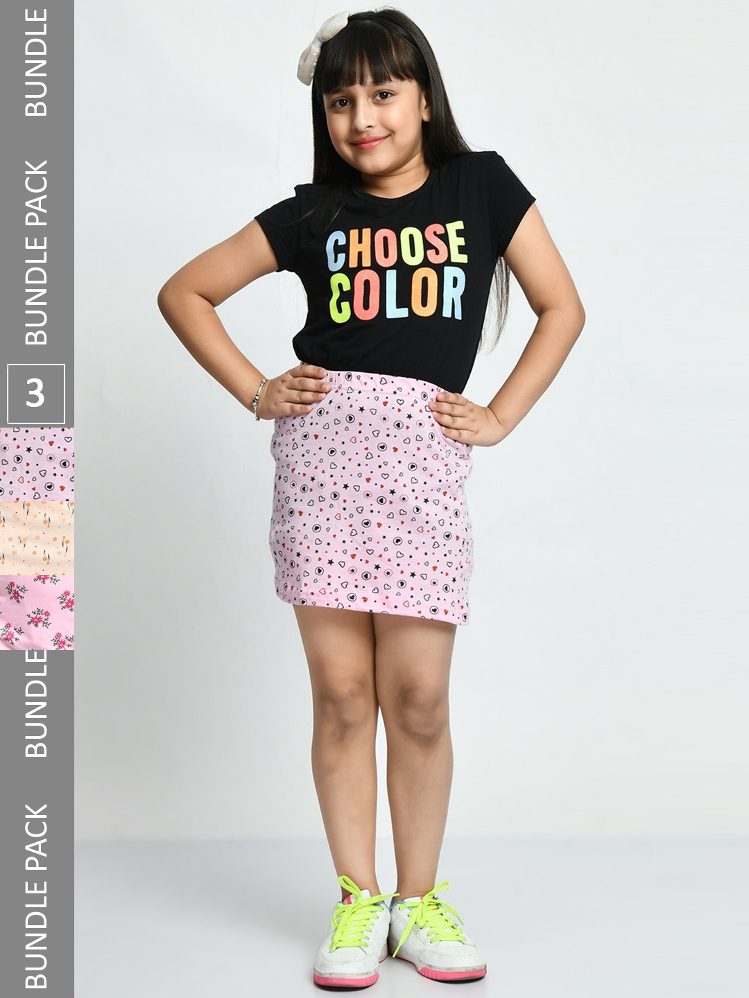 

IndiWeaves Girls Pack Of 3 Printed Pure Cotton Above Knee Length Straight Skirts, Pink