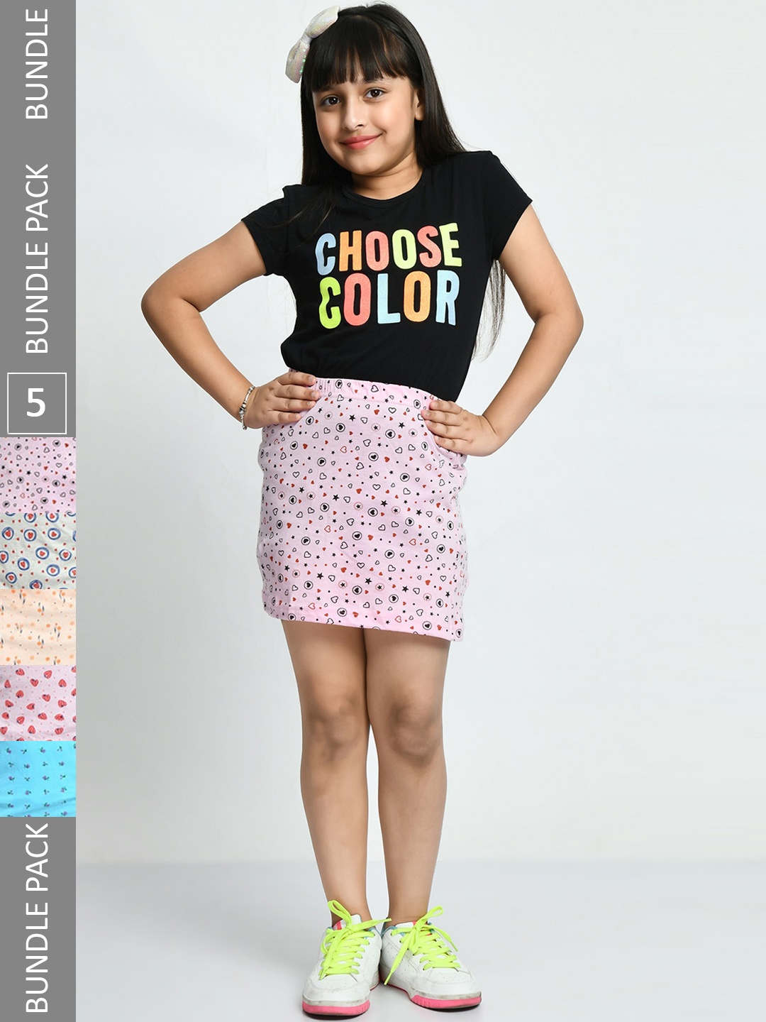 

IndiWeaves Girls Pack Of 5 Printed Pure Cotton Above Knee Length Straight Skirts, Grey