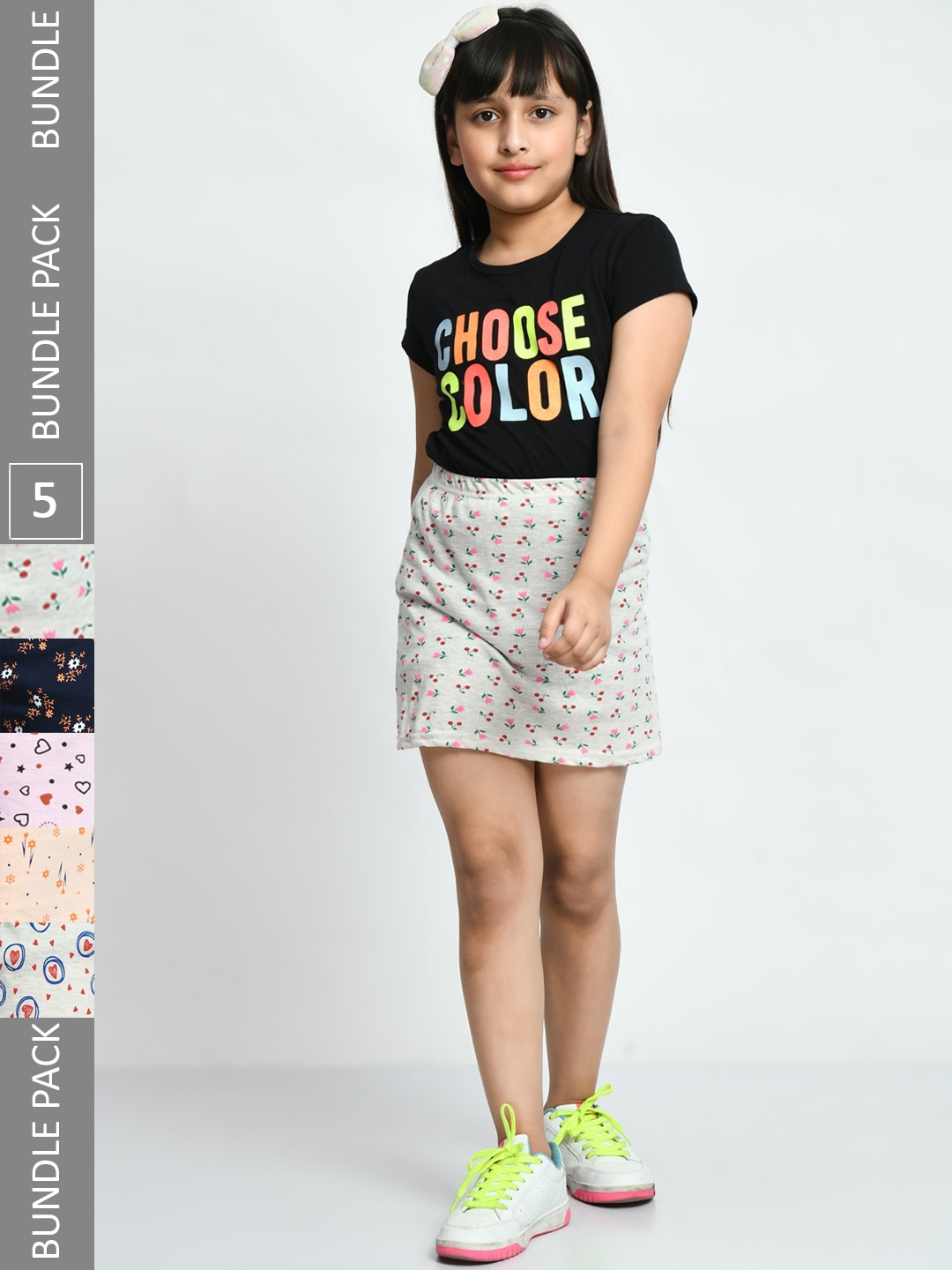 

IndiWeaves Girls Pack Of 5 Allover Printed Cotton Straight Above Knee Skirt, Pink