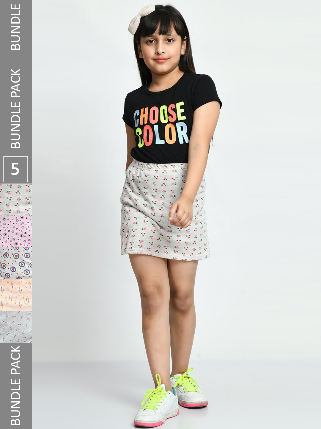 

IndiWeaves Girls Pack Of 5 Printed Pure Cotton Mini Straight Skirts, Grey