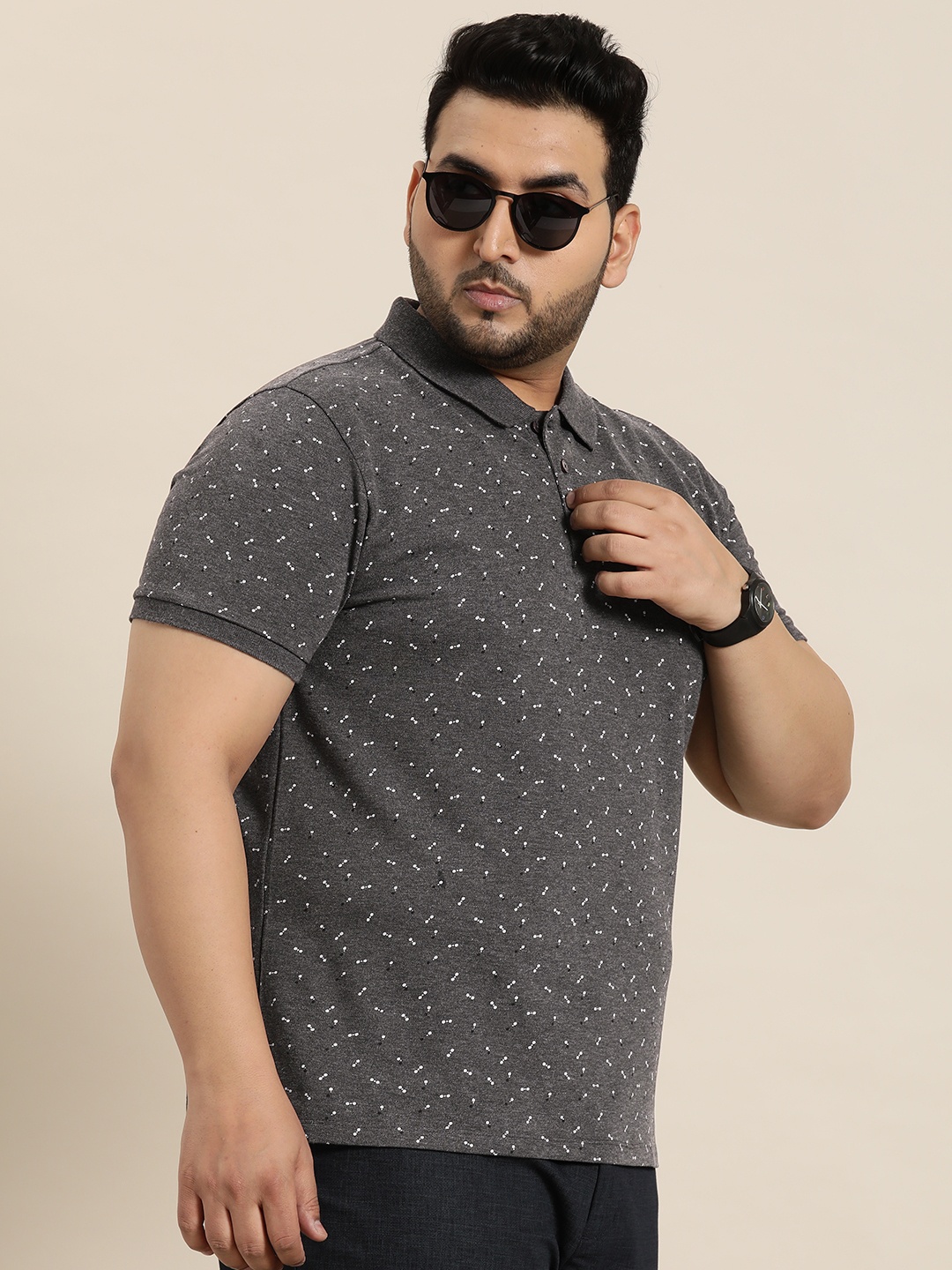 

Sztori Men Plus Size Printed Polo Collar Bio Finish Pure Cotton T-shirt, Charcoal