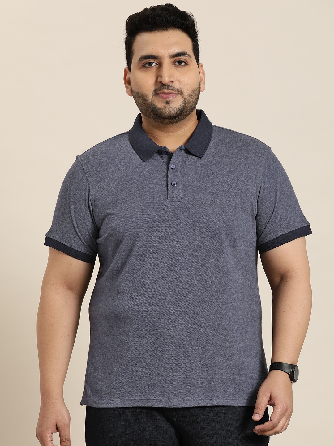 

Sztori Men Plus Size Polo Collar Bio Finish Pure Cotton T-shirt, Navy blue