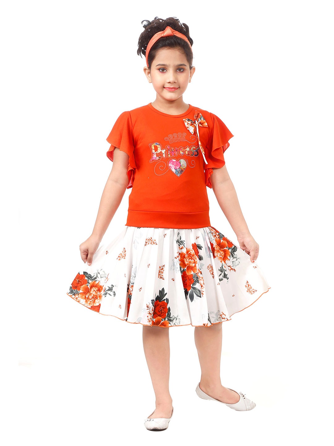 

CELEBRITY CLUB Girls Floral Printed Top With Skirt, Orange