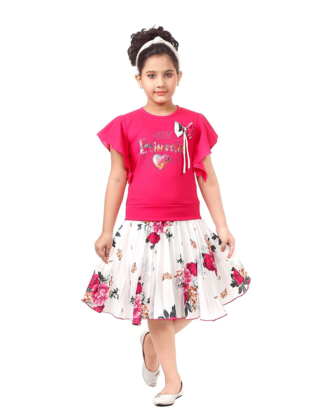 

CELEBRITY CLUB Girls Printed Shoulder Straps Top With Skirt, Pink