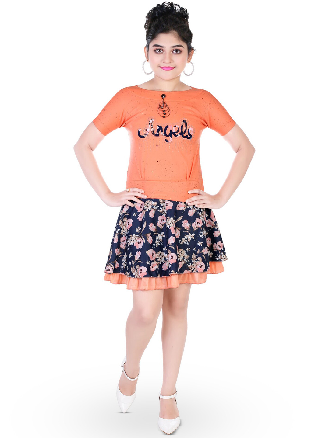 

CELEBRITY CLUB Girls Floral Printed Top With Skirt, Orange