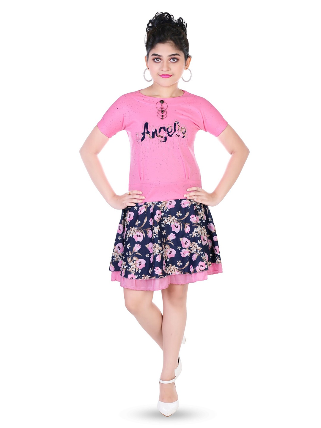 

CELEBRITY CLUB Girls Printed Top With Skirt, Pink