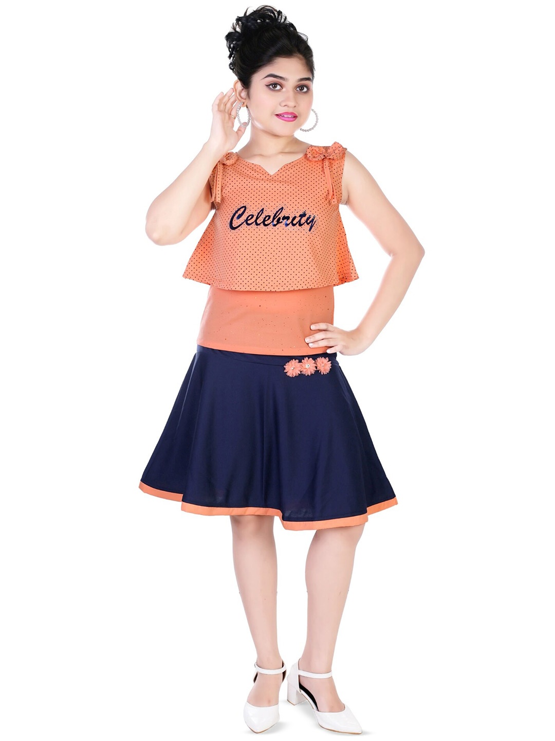 

CELEBRITY CLUB Girls Polka Dot Printed Top with Skirt, Orange