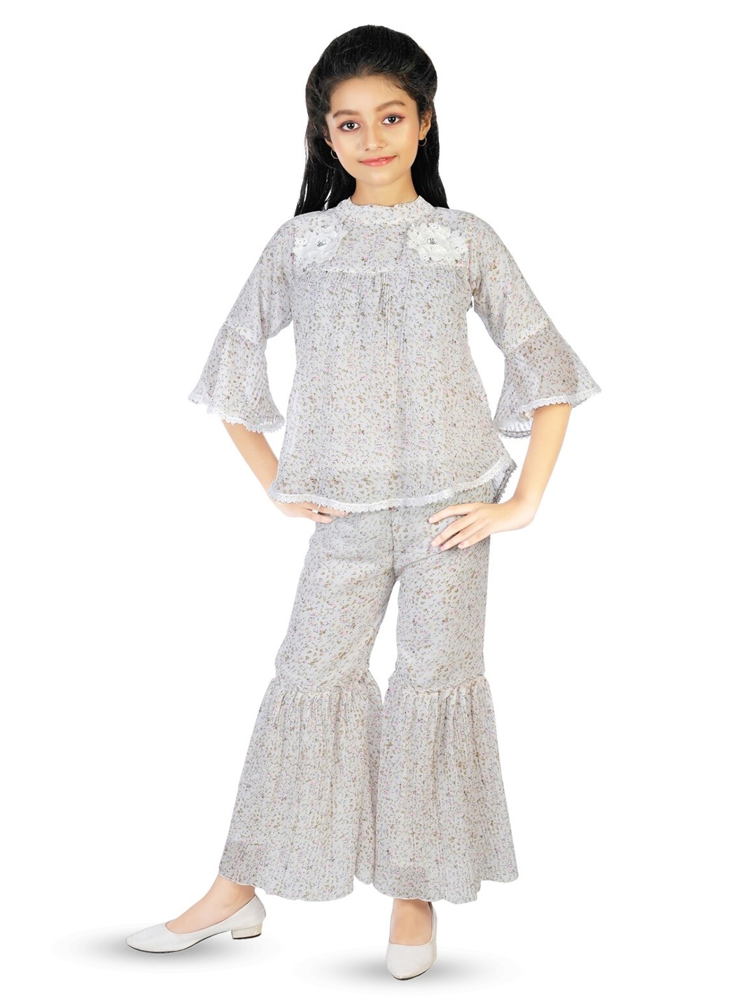 

CELEBRITY CLUB Girls Floral Printed Top With Palazzos, White