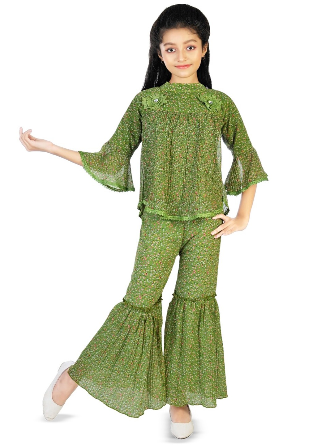 

CELEBRITY CLUB Girls Floral Printed Top With Palazzos, Green