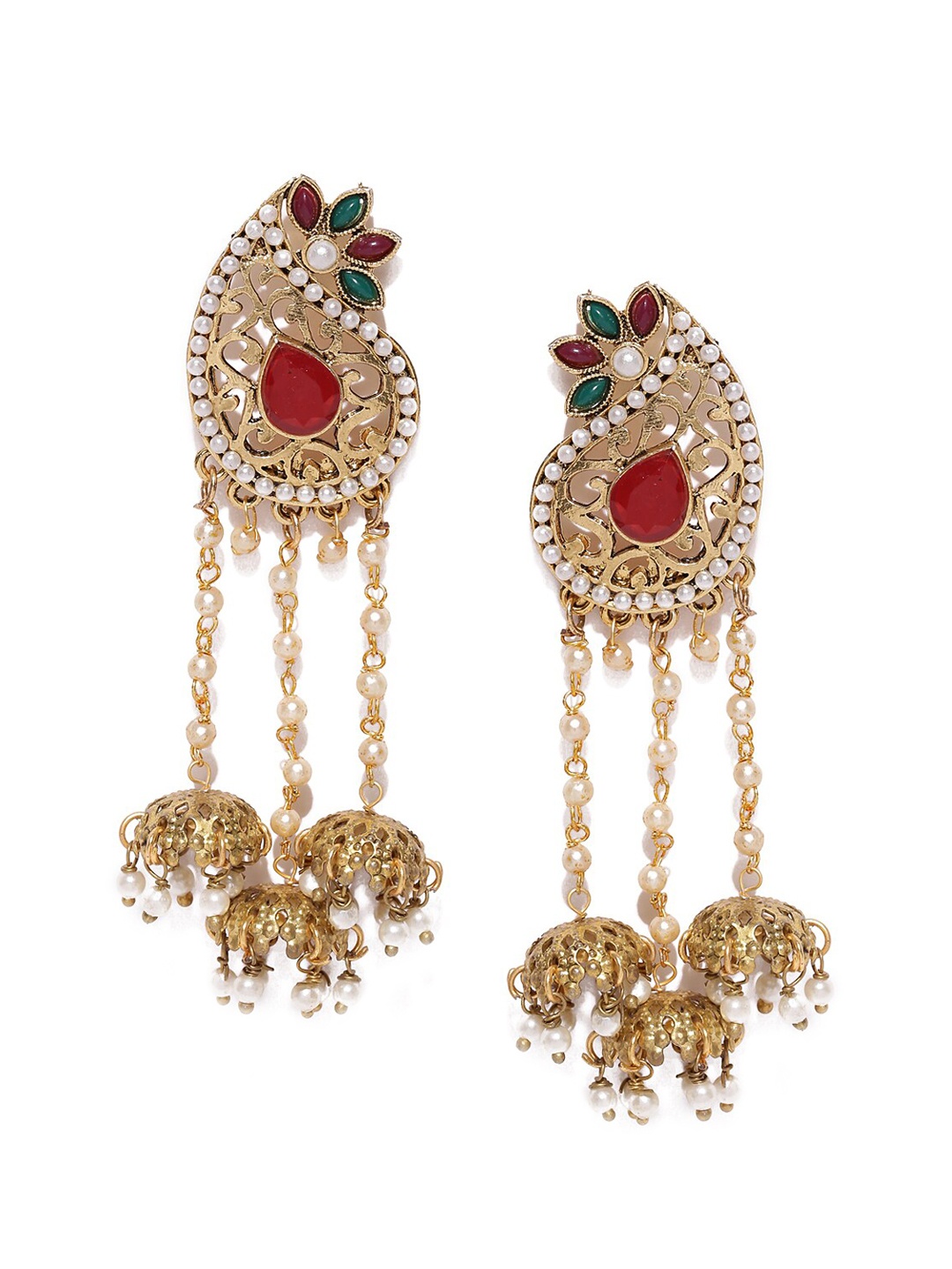 

Anouk Gold-Toned & Red Gold-Plated Contemporary Jhumkas Earrings