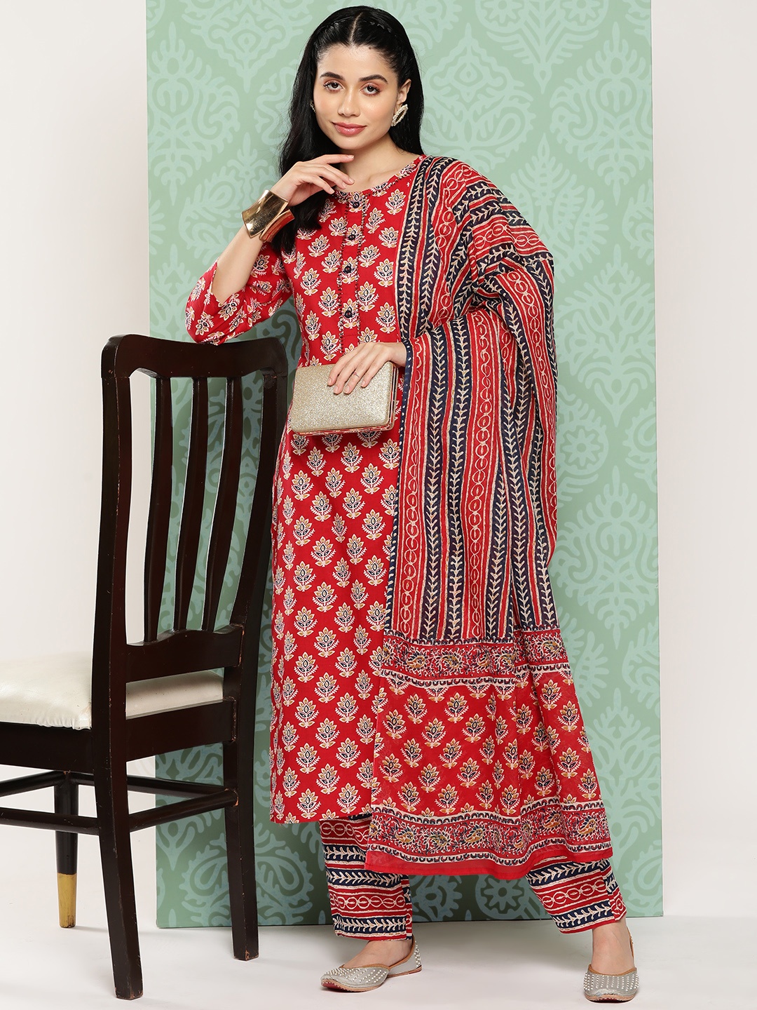 

Yufta Floral Printed Regular Sequinned Pure Cotton Kurta with Trousers & With Dupatta, Red