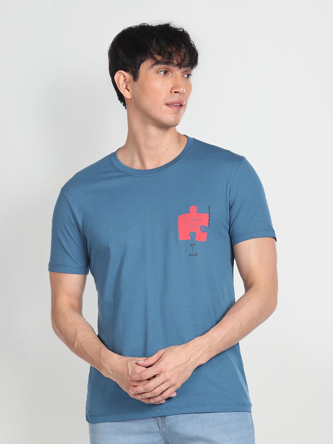 

Flying Machine Typography Printed Round Neck Pure Cotton T-Shirt, Blue
