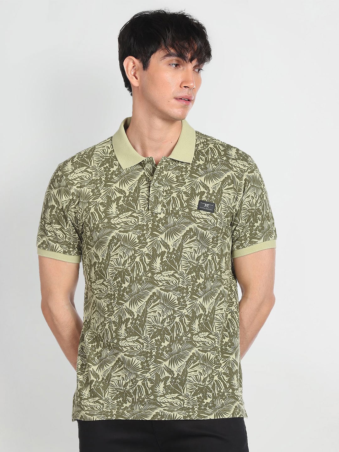 

Flying Machine Tropical Printed Polo Collar Slim Fit Pure Cotton T-Shirt, Green