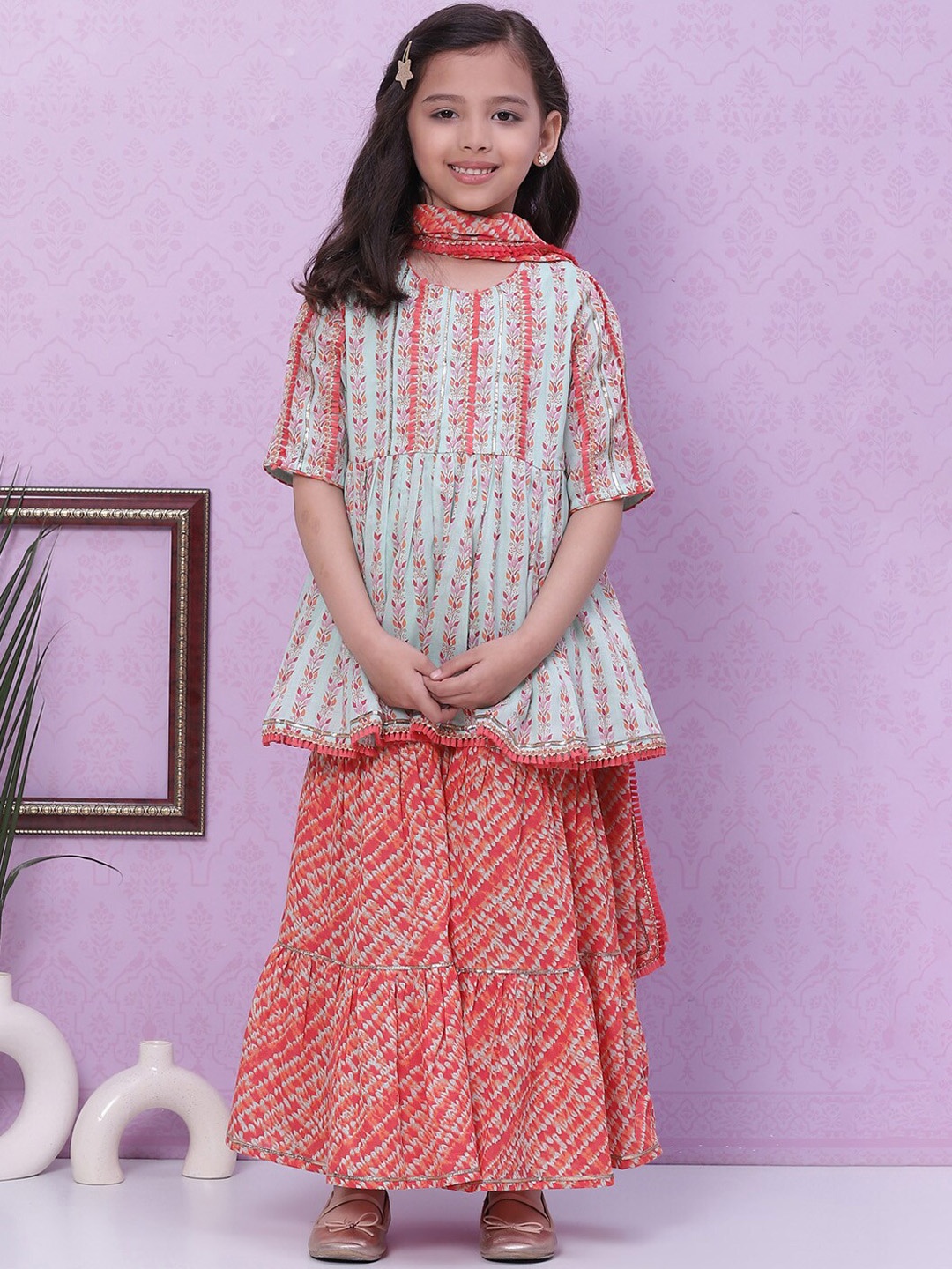 

Biba Girls Ethnic Motifs Printed Regular Kurta With Sharara & Dupatta, Coral