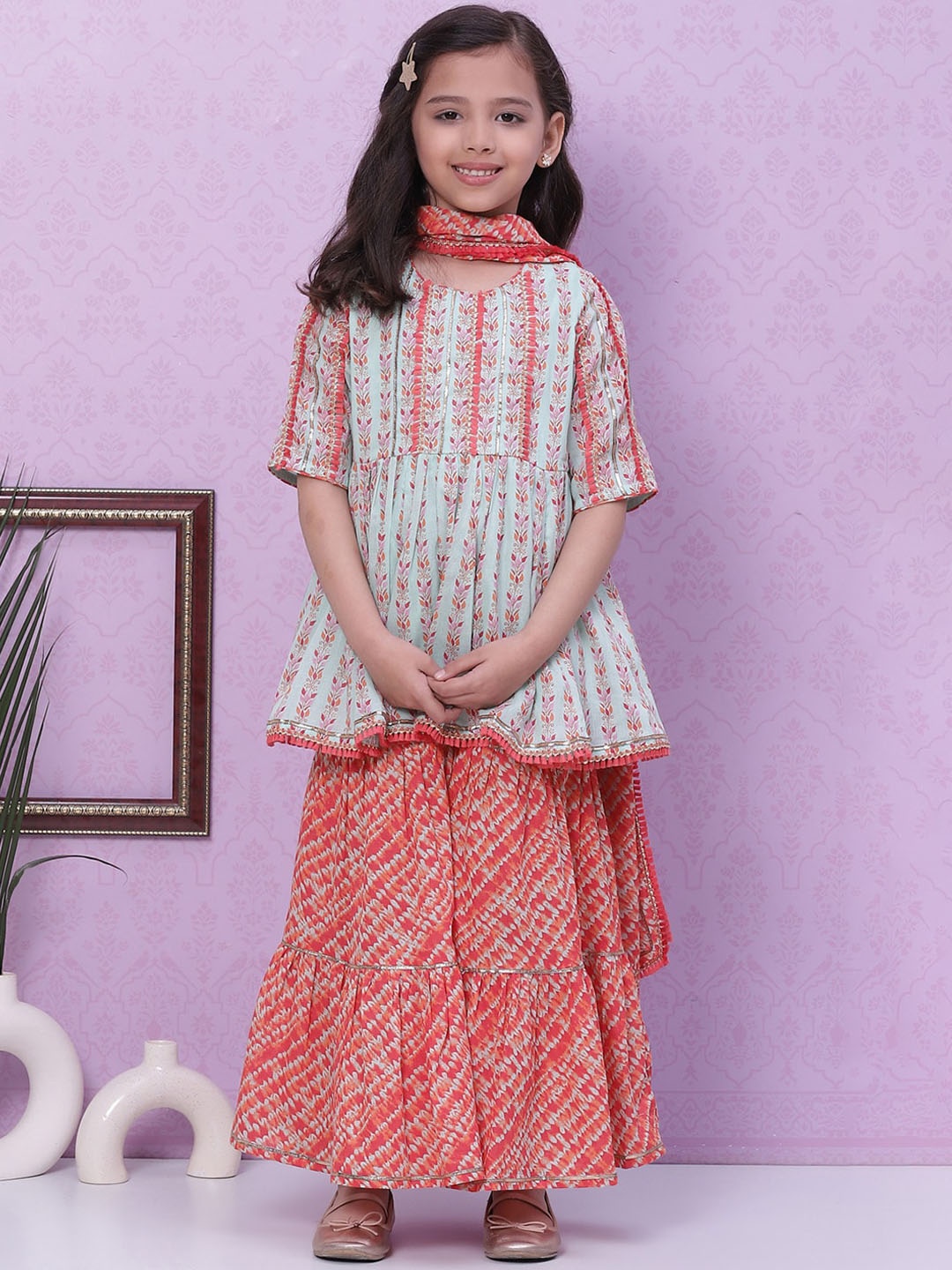 

Biba Girls Ethnic Motifs Printed Gotta Patti A-Line Kurta With Sharara & Dupatta, Coral