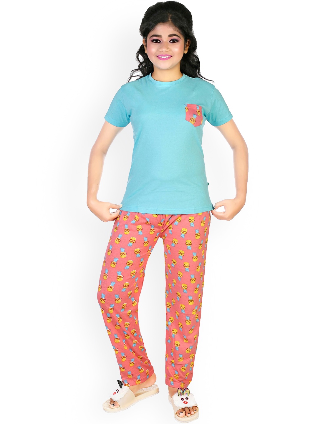 

CELEBRITY CLUB Girls Conversational Printed Night Suit, Blue