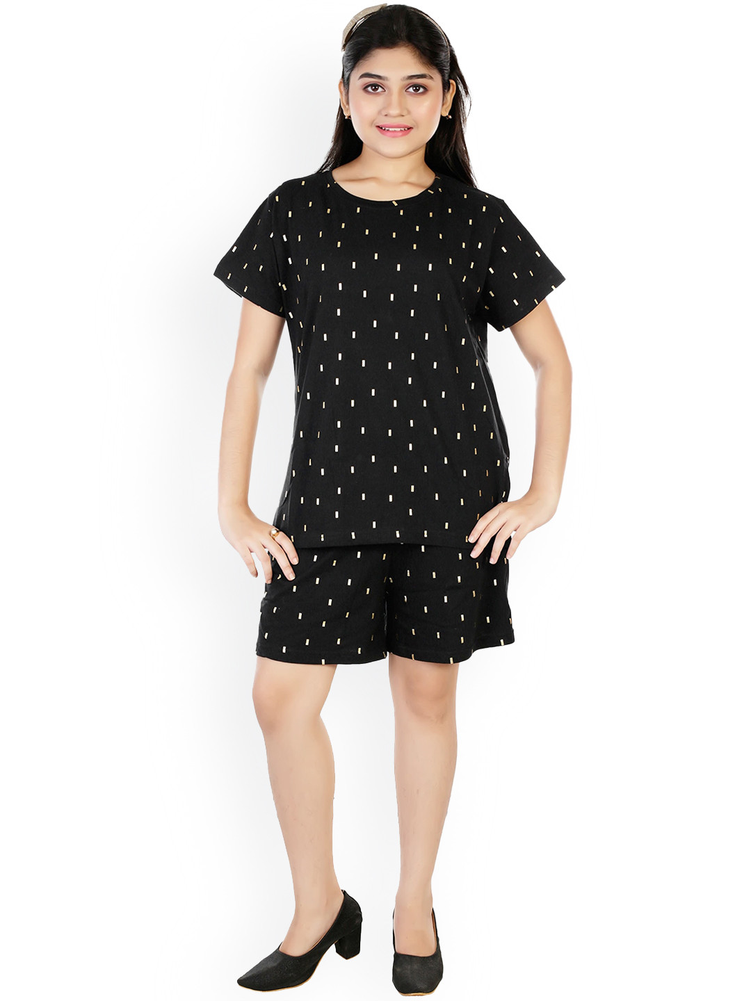 

CELEBRITY CLUB Girls Geometric Printed Night Suit, Black