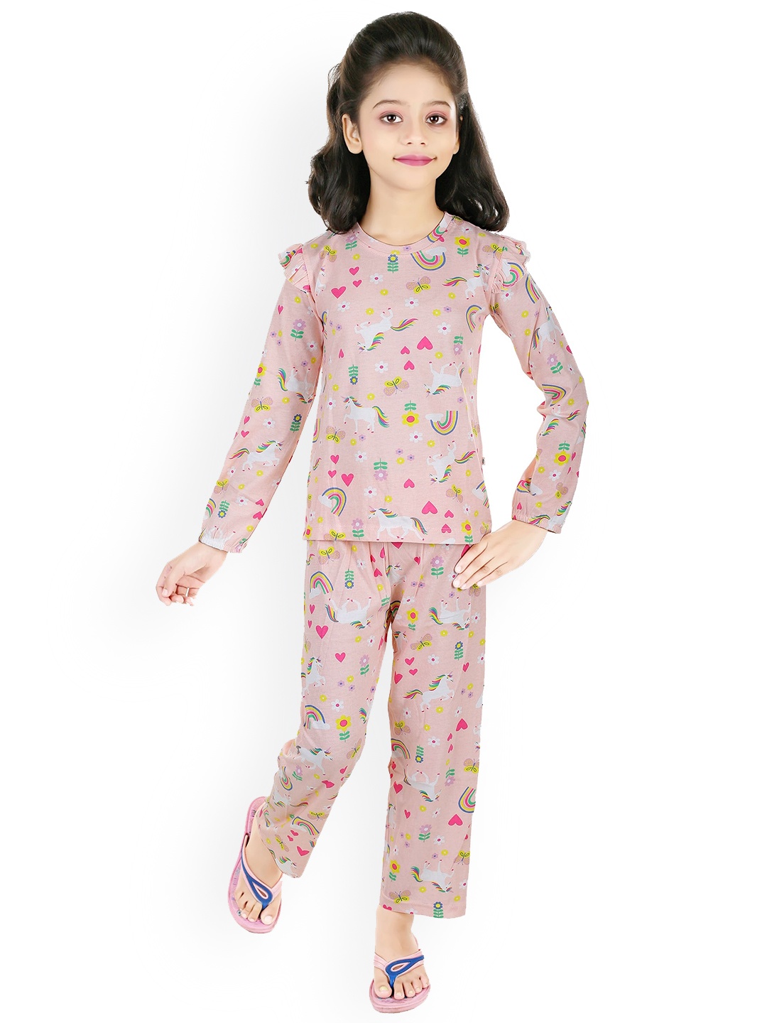 

CELEBRITY CLUB Girls Conversational Printed Night Suit, Peach