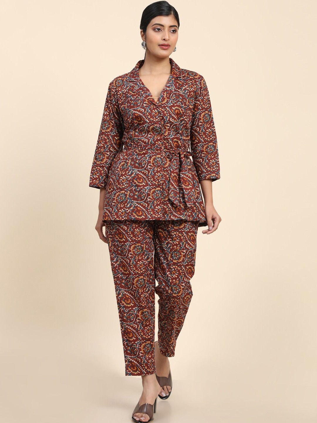 

KALINI Floral Printed Waist Tie-Ups Shirt With Trousers, Red