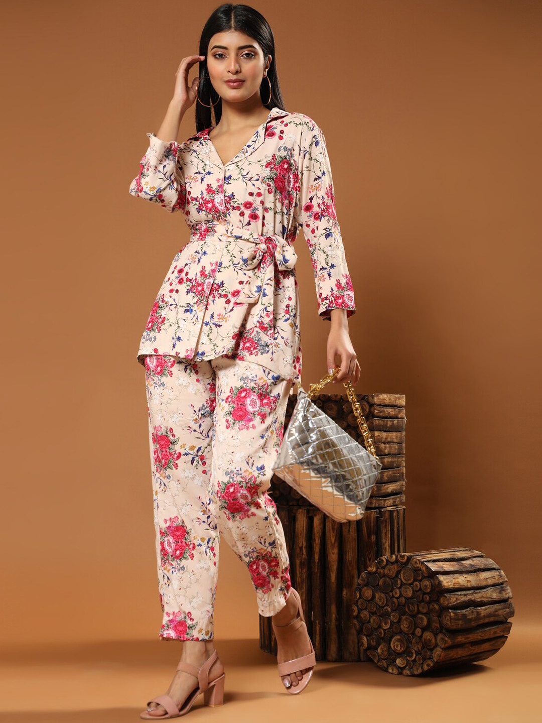 

KALINI Floral Printed Waist Tie-Ups Shirt With Trousers, Peach