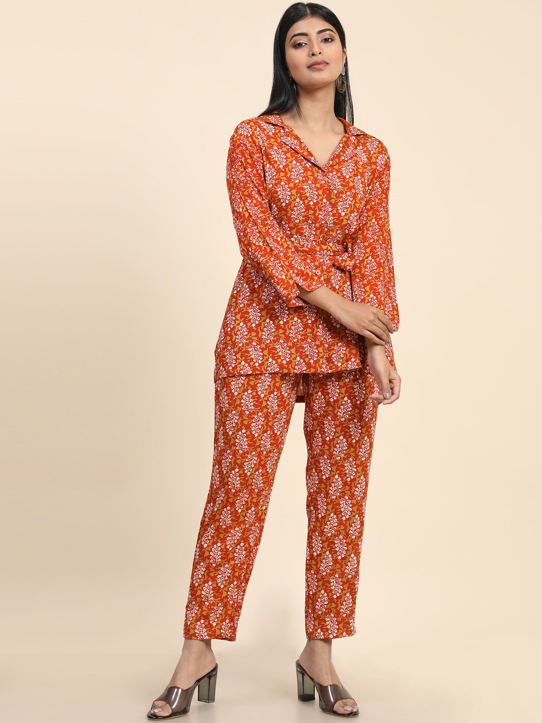 

KALINI Floral Printed Waist Tie-Ups Shirt With Trousers, Red