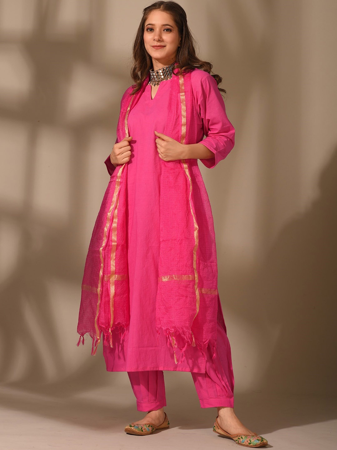 

DIMPLE DESIGN STUDIO Regular Pure Cotton Kurta with Salwar & With Dupatta, Pink