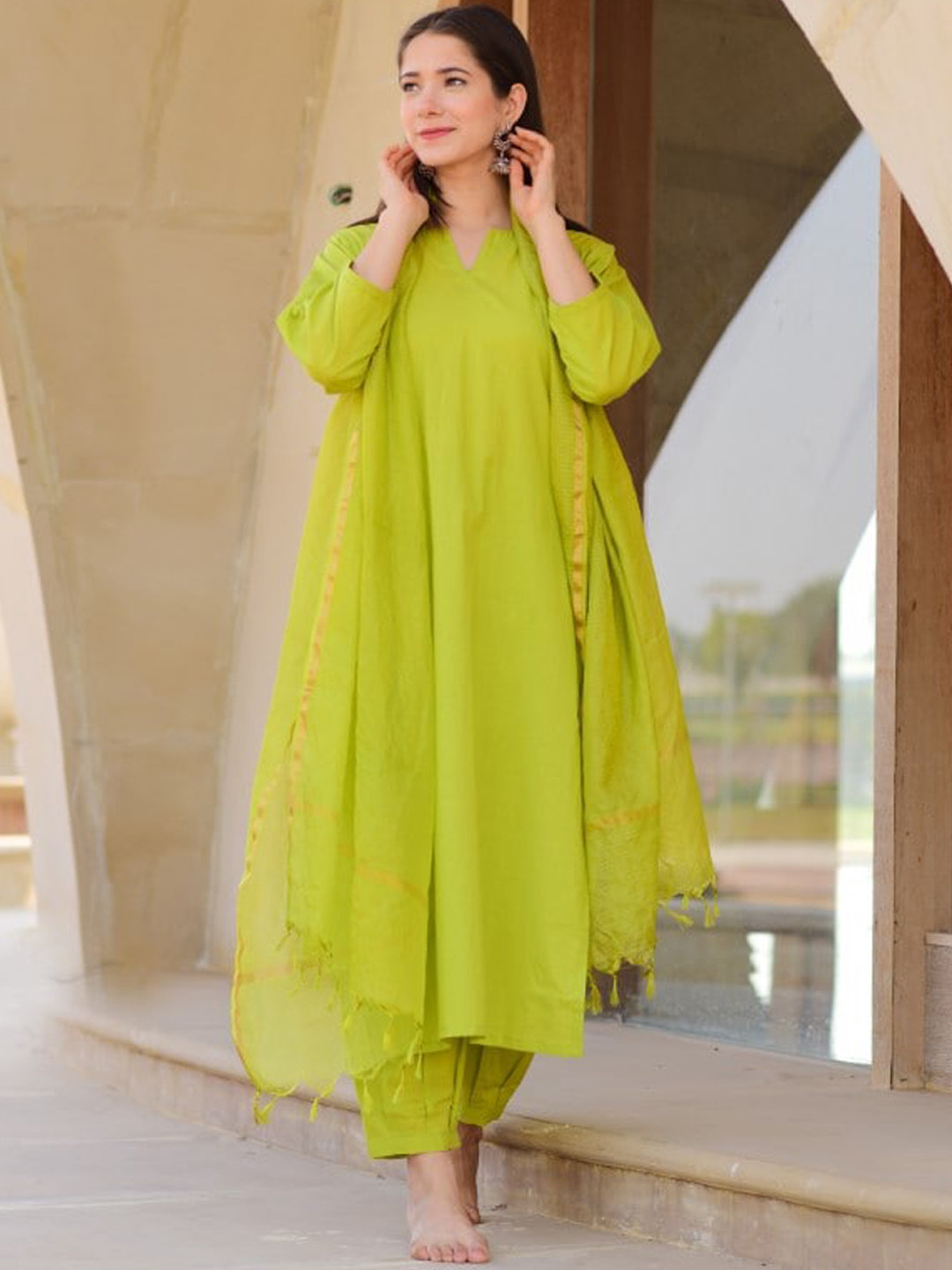 

DIMPLE DESIGN STUDIO A-Line Pure Cotton Kurta with Salwar & Dupatta, Lime green