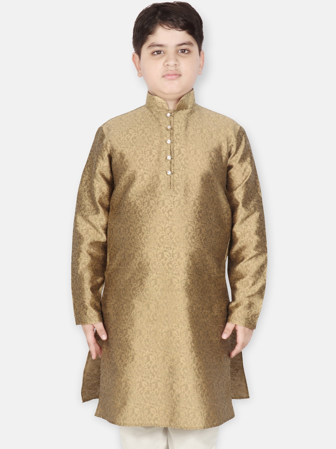 

SG YUVRAJ Boys Mandarin Collar Woven Design Kurta, Gold