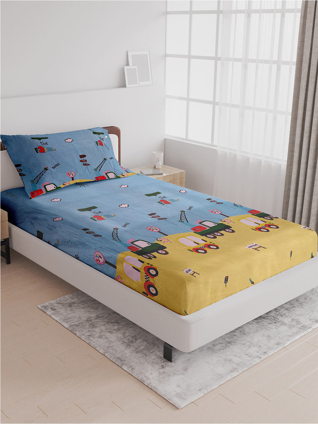 

LABHAM Kids Mania Yellow & Blue Graphic Cotton 144 TC Single Bedsheet With 1 Pillow Cover