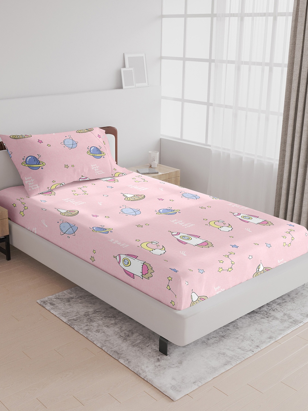 

LABHAM Kids Mania Pink & Blue Graphic Cotton 144 TC Single Bedsheet With 1 Pillow Cover