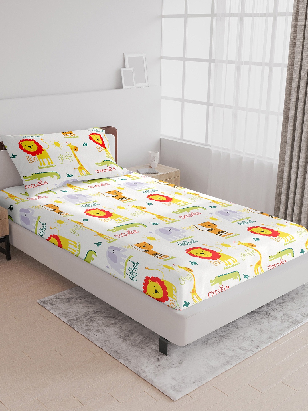 

LABHAM Kids Mania Beige & Green Cotton 144 TC Single Bedsheet With 1 Pillow Cover