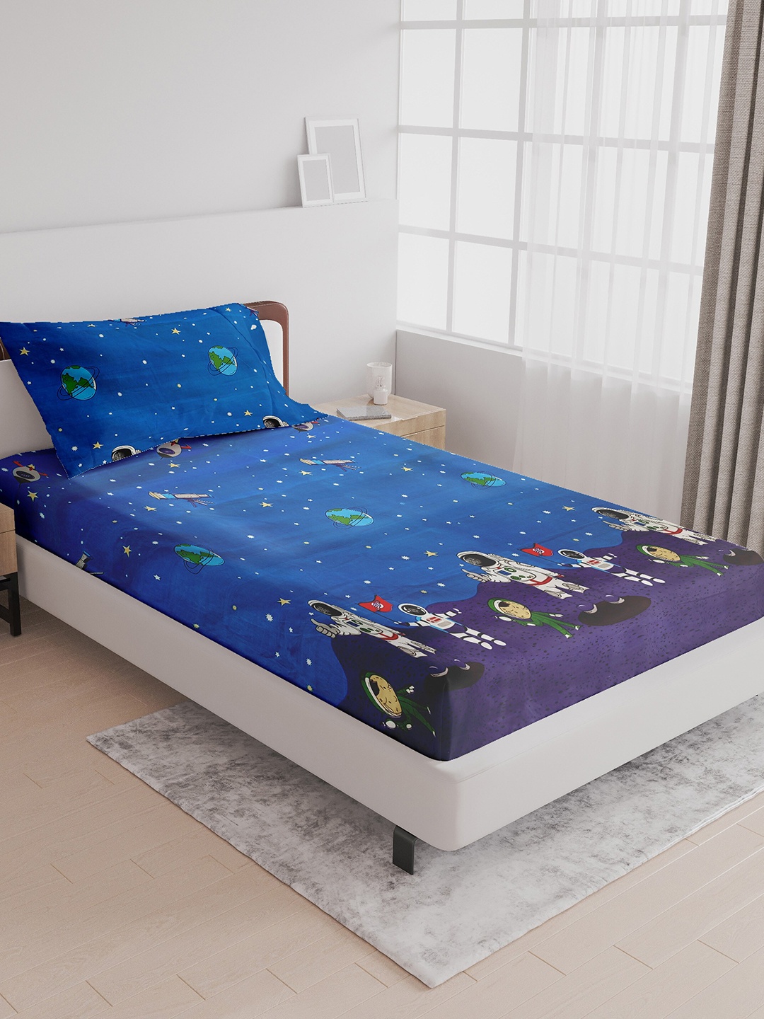 

LABHAM Kids Mania Blue & Purple Graphic Cotton 144 TC Single Bedsheet With 1 Pillow Cover