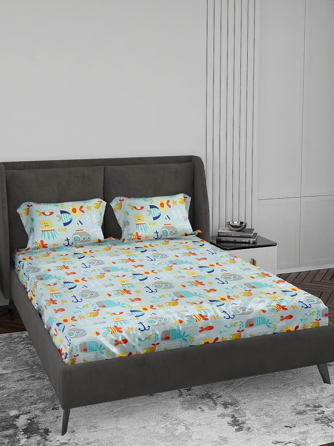 

LABHAM Kids Mania Blue & Yellow Graphic Cotton 144 TC King Bedsheet With 2 Pillow Covers