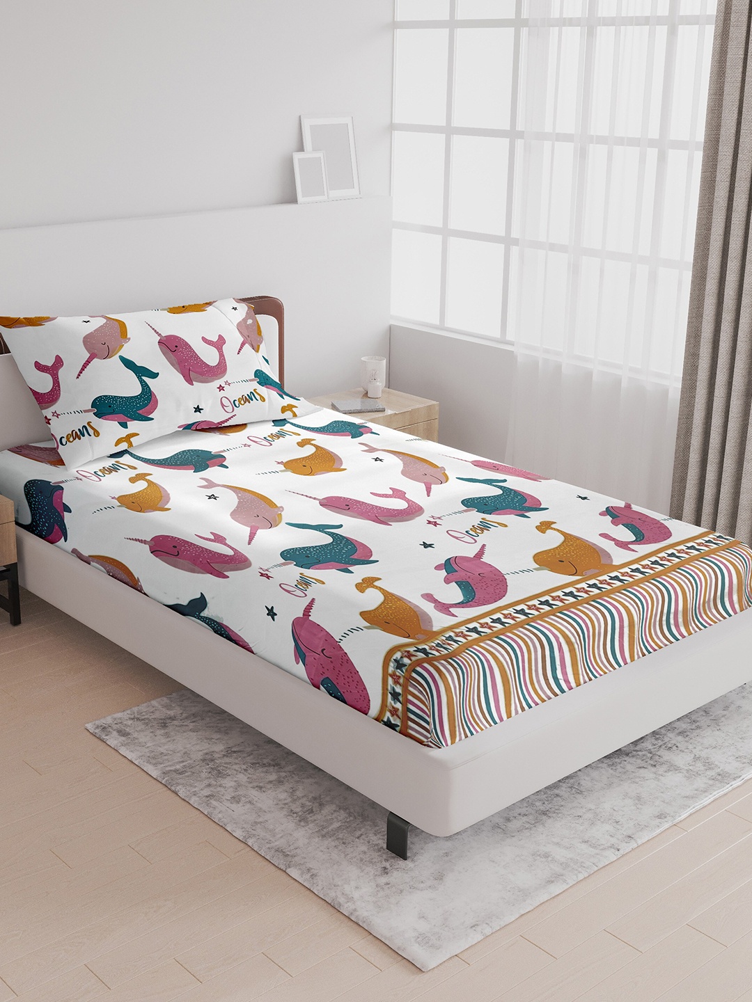 

LABHAM Kids Mania White & Orange Cotton 144 TC Single Bedsheet With 1 Pillow Cover