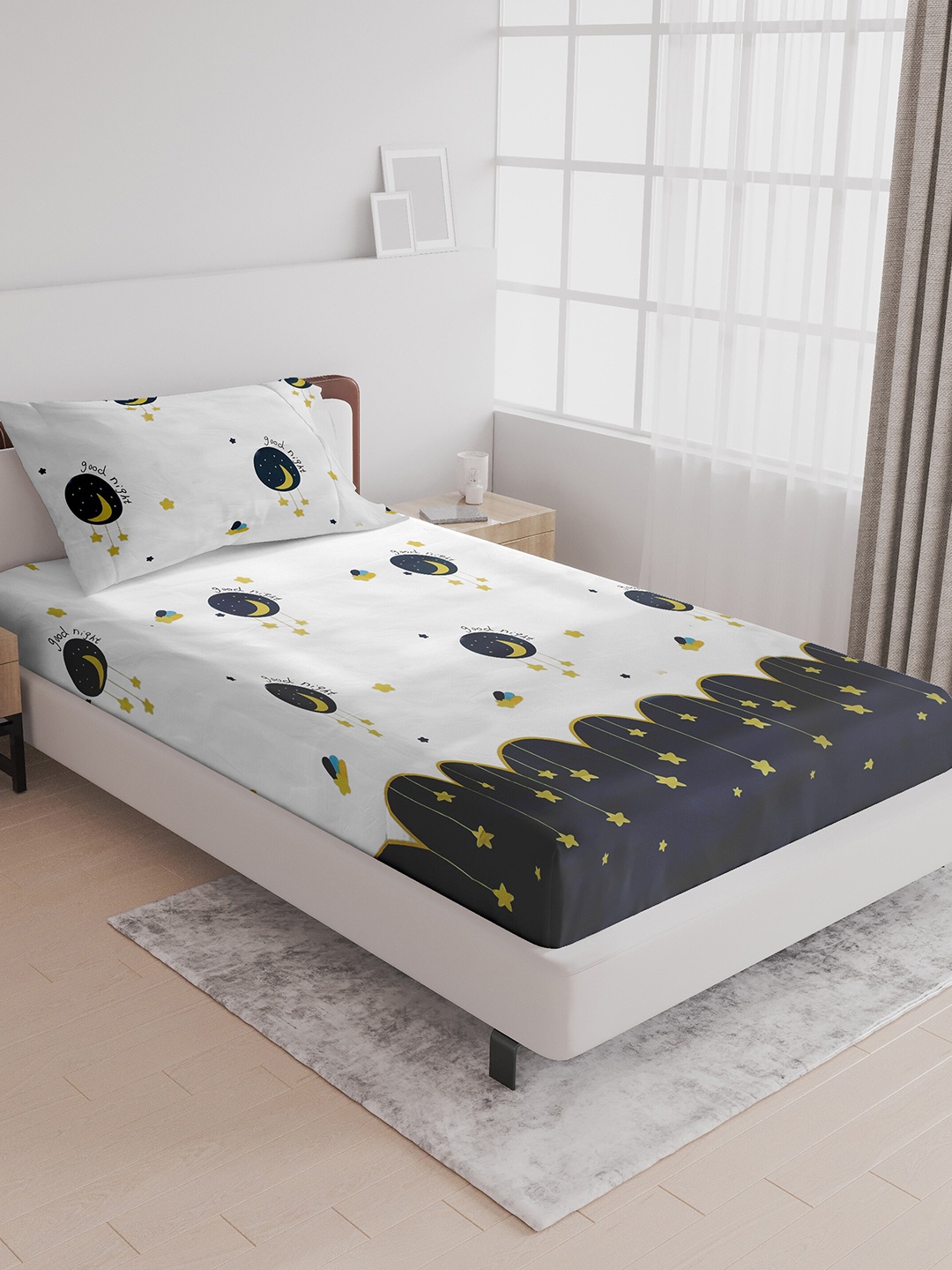 

LABHAM Kids Mania Blue & White Cotton 144 TC Single Bedsheet With 1 Pillow Cover
