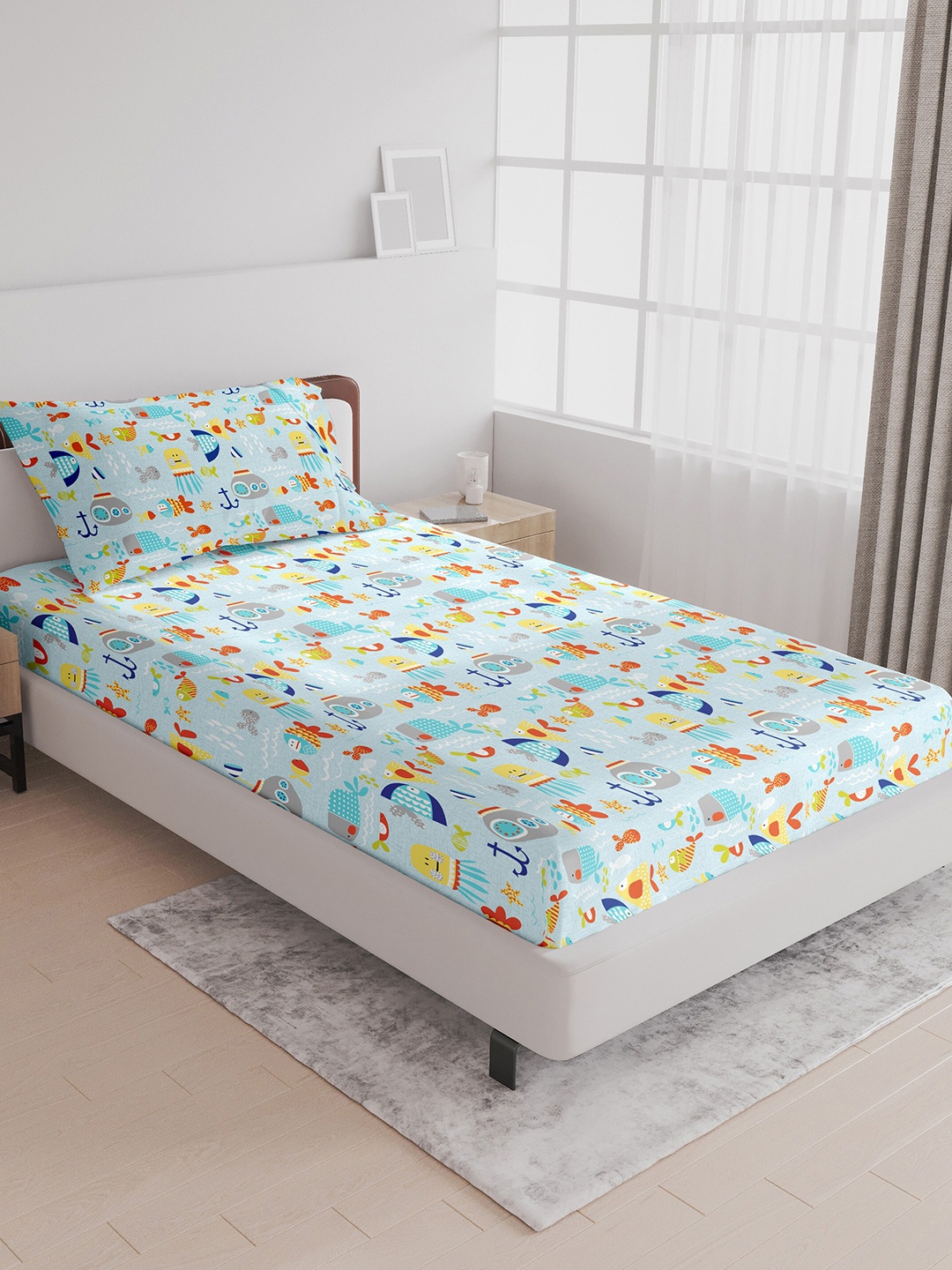 

LABHAM Kids Mania Blue Cartoon Characters Cotton 144TC Single Bedsheet With 1 Pillow Cover