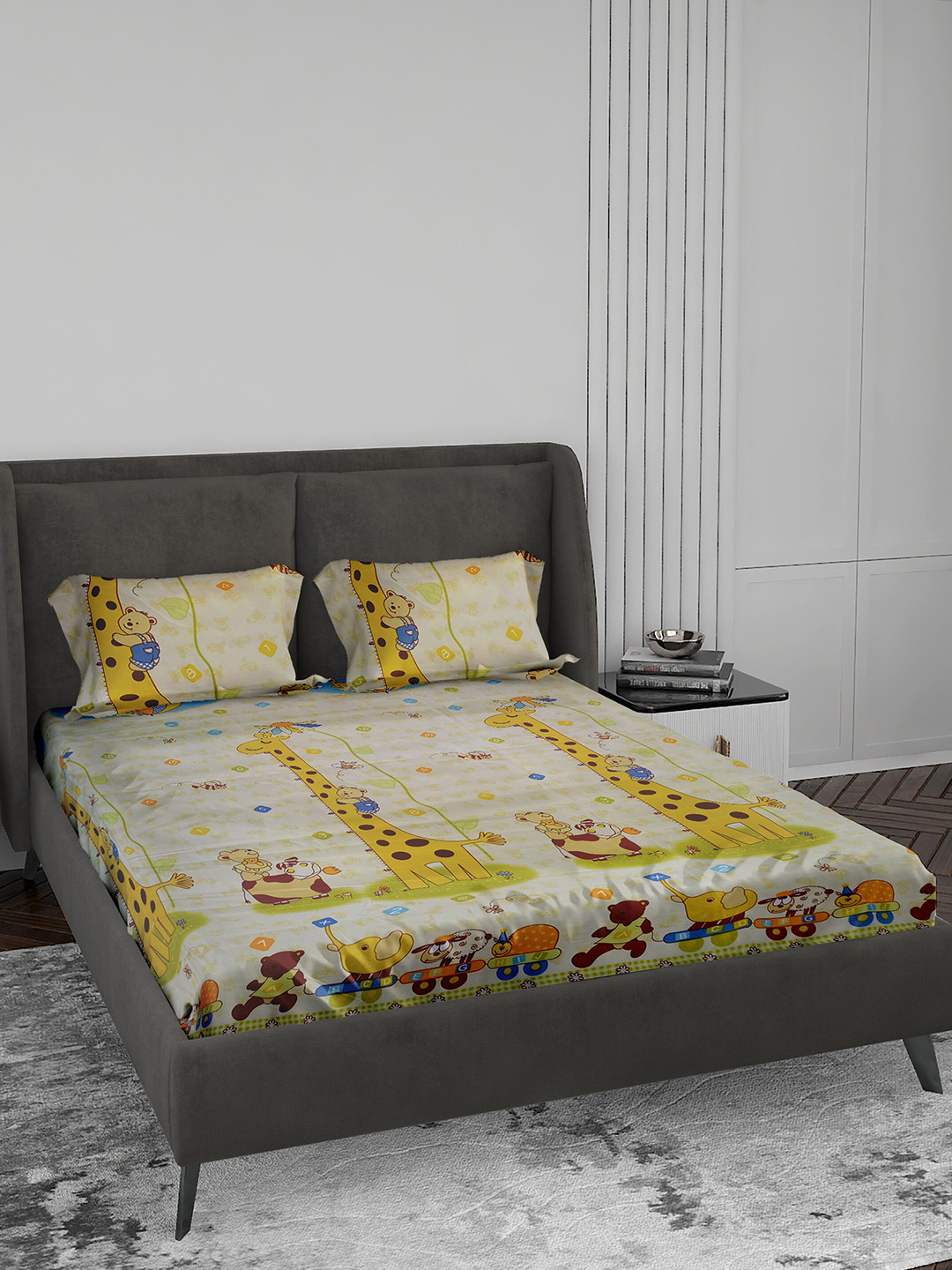 

LABHAM Kids Mania Mustard & Green Graphic Cotton 144 TC King Bedsheet With 2 Pillow Covers