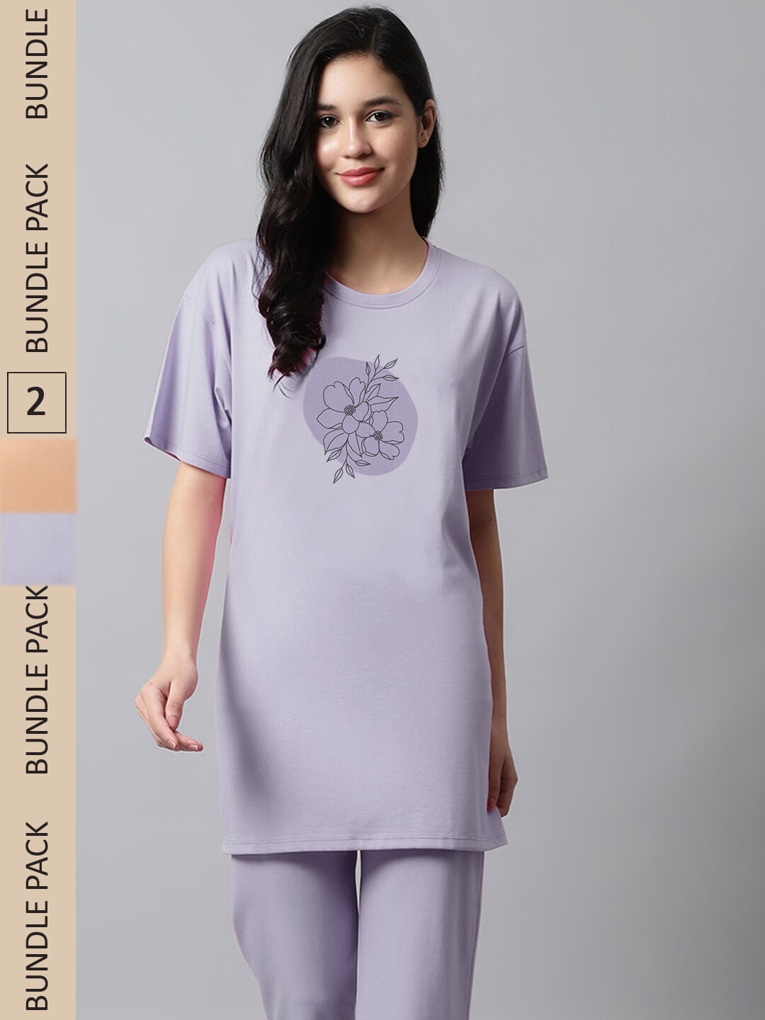 

Kanvin Pack Of 2 Orange & Purple Printed Round Neck Oversized T-shirt