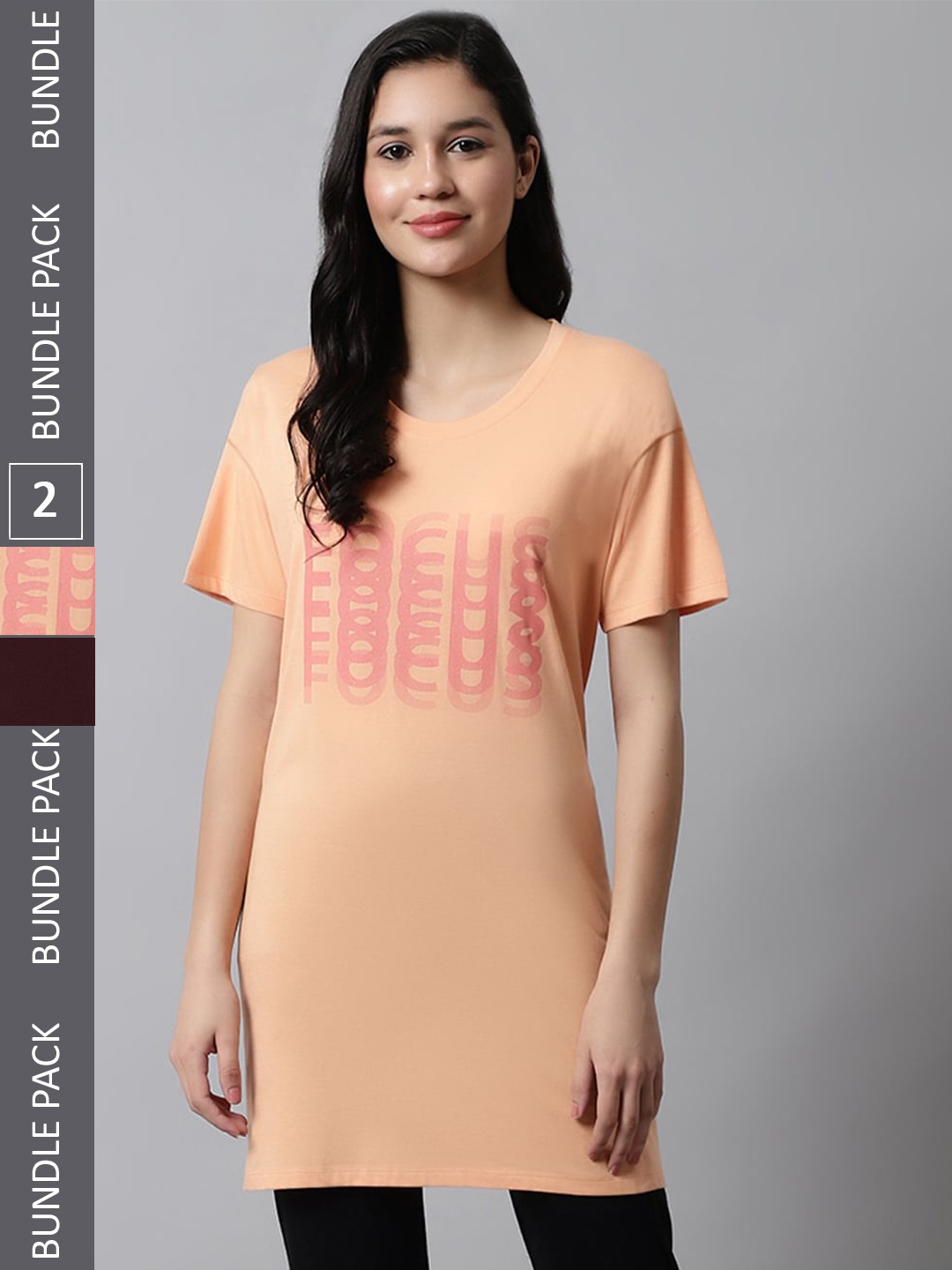 

Kanvin Pack Of 2 Orange & Brown Printed Round Neck Loose Longline T-shirt