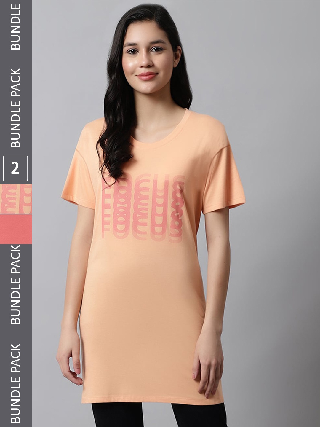 

Kanvin Pack Of 2 Peach & Coral Graphic Printed Modal T-Shirt